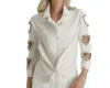Suzy T Heart Cut Out Button Down Blouse Sparkle With Crystals In White In White