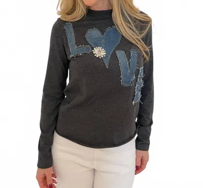 Suzy T Kim Love Crew Neck Top In Grey/denim In Gray