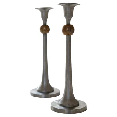 Pre-owned Svenskt Tenn Art Deco Candle Holders In Pewter And Brass, Sweden, 1930s Design In Gray