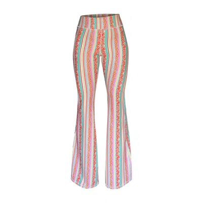 Swaay Women's Flare Trouser Pants Multicolor Vintage Miami Print In Pink