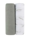 Swaddle Blanket Cotton Muslin  2 Pack In Eucalyptus Print/solid Sage