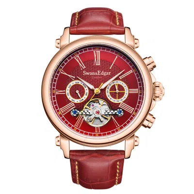 Swan & Edgar Scholar Automatic Red Dial Men's Watch Se1901 In Red   / Gold Tone / Rose / Rose Gold Tone
