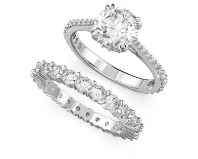 Pre-owned Swarovski - Constella Ring Set (2) - Round Cut, White, Rhodium Plated - Size: 60