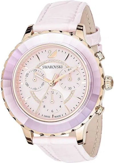 Pre-owned Swarovski 5452501 Octea Lux Pink Leather Strap Rose-gold Tone Pvd Chrono Watch