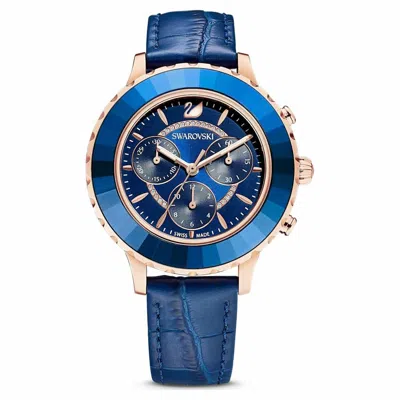 Pre-owned Swarovski 5563480 Octea Lux Blue Leather Strap Pvd Rose Gold-plated Chrono Watch