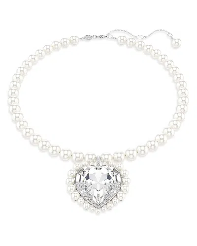 Swarovski Ariana Grande Imitation Pearl & Crystal Heart Halo Pendant Necklace, 14.875-17.75 In Weiss