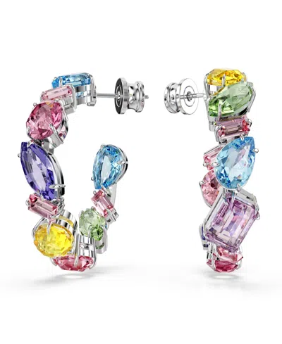 SWAROVSKI ASYMMETRICAL DESIGN, MIXED CUTS, SMALL, MULTICOLORED, RHODIUM PLATED GEMA HOOP EARRINGS