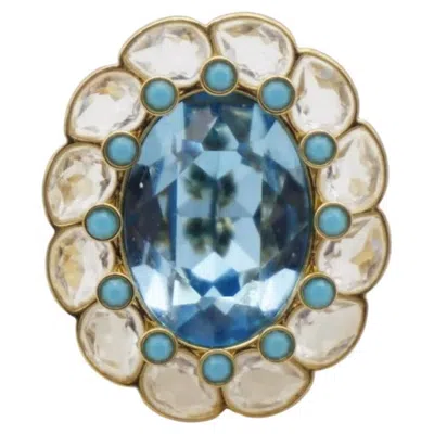 Pre-owned Swarovski Azore Blue Crystals Dots Clear Large Flower Cocktail Ring Size L 52