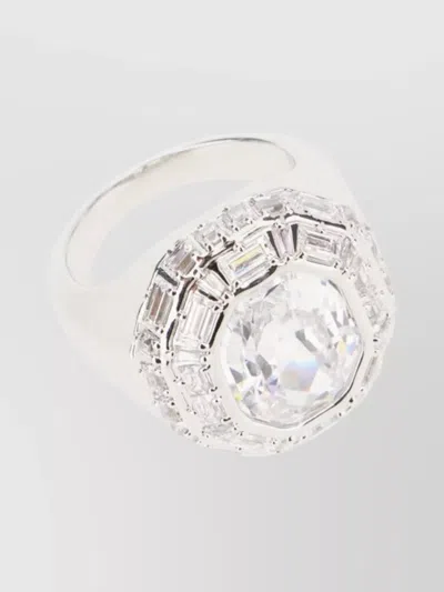 Swarovski Baguette Halo Prong Round Wide Ring In Metallic