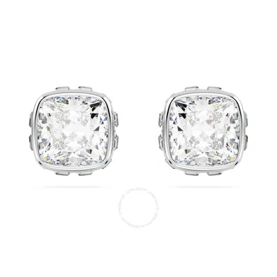 Swarovski Birthstone Pierced Earrings Studs Apr Rhodium Shiny White In Silver Tone