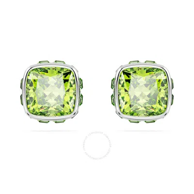 Swarovski Birthstone Pierced Earrings Studs Aug Rhodium Shiny Green In Silver Tone
