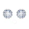 Swarovski Rhodium Plated Square Cut Color Birthstone Stud Earrings In Blue