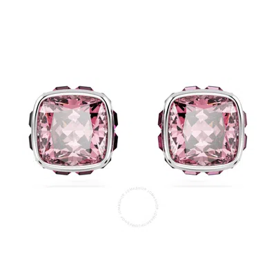 Swarovski Birthstone Pierced Earrings Studs Oct  Rhodium Shiny Pink In Silver Tone