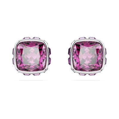 Swarovski Rhodium Plated Square Cut Color Birthstone Stud Earrings In Purple