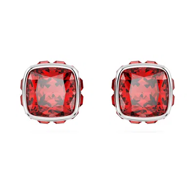 Swarovski Rhodium Plated Square Cut Color Birthstone Stud Earrings In Red