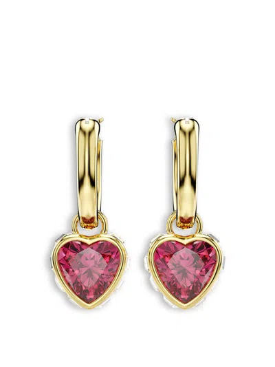 Swarovski Chroma Mini Hoop Drop Heart Pierced Earrings In Gold/shiny Red