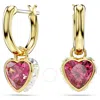 Swarovski Chroma Pierced Earrings Mini Hoop Drop Heart Gold Shiny Red In Silver Tone