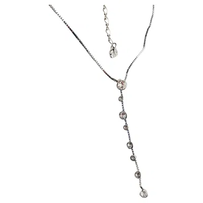Pre-owned Swarovski Clear Round Crystals Dangle Floating Y Chain Silver Long Necklace In Multiple