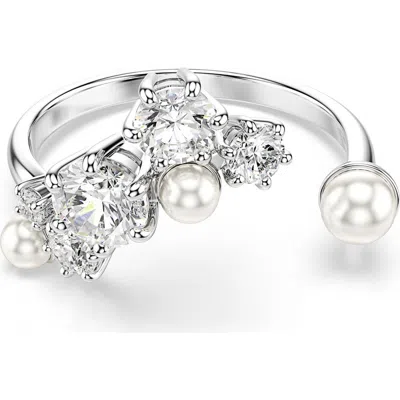 Swarovski Crystal Cultivated Pearl Round Cuts Statement Ring In Silver