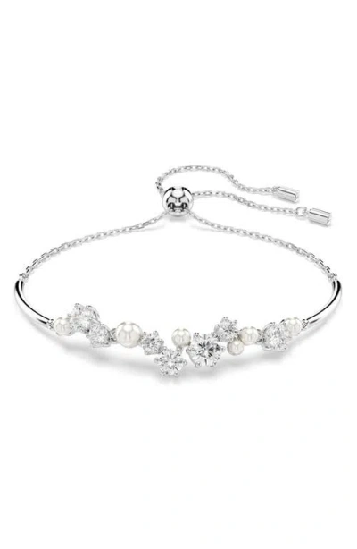 Swarovski Constella Crystal & Faux Pearl Slider Bracelet In White Gold