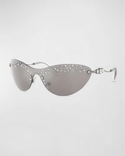 Swarovski Constella Crystal Embellished Metal Shield Cat-eye Sunglasses In Gunmetal