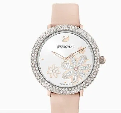 Pre-owned Swarovski Crystal Frost Watch Flower, Leather Strap, Silver, Rose-gold -5519223