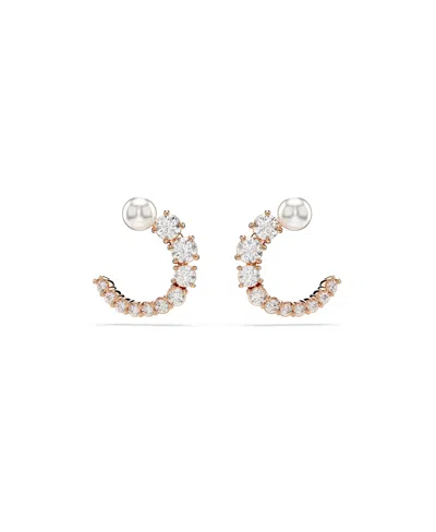 Swarovski Crystal Pearl, Round Cut, White, Matrix Hoop Earrings In Rose Gold