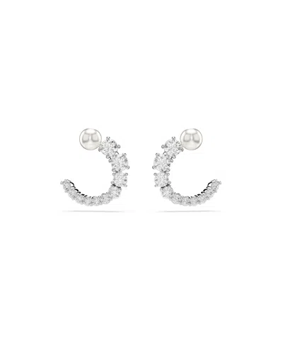 SWAROVSKI CRYSTAL PEARL, ROUND CUT, WHITE, MATRIX HOOP EARRINGS