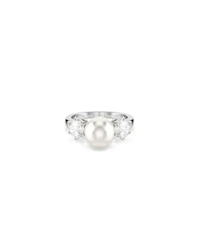 SWAROVSKI CRYSTAL PEARL, ROUND CUT, WHITE, RHODIUM PLATED MATRIX RING