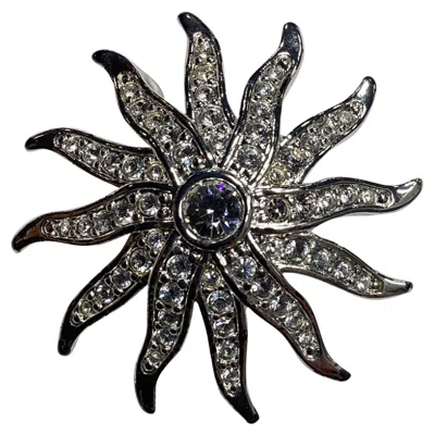 Pre-owned Swarovski Crystal Sunburst Brooch Pin In Silver Metal