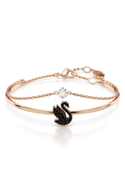 Swarovski Crystal Swan Charm Bangle Bracelet In Black