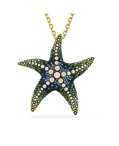 Swarovski Crystal  Imitation Pearls, Starfish, Multicolored, Gold-tone Idyllia Brooch Necklace In Blue