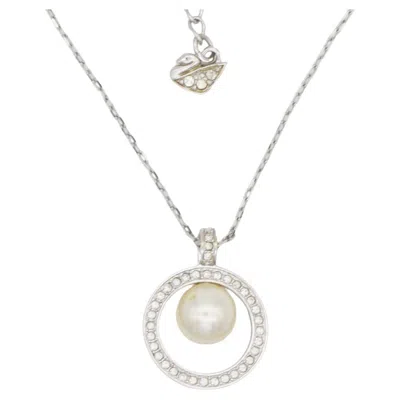 Pre-owned Swarovski Crystals Circle White Round Pearl Openwork Silver Pendant Necklace