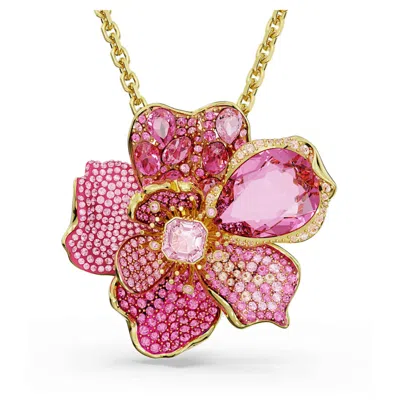 Swarovski Florere Necklace Brooch Gold Shiny Rose In Pink