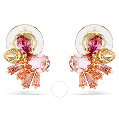 Swarovski Gema Clip Earrings Gold Shiny Pink In Silver Tone