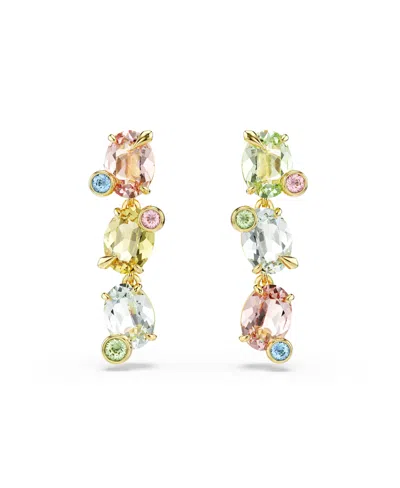 SWAROVSKI GEMA GOLD-TONE PLATED, ASYMMETRICAL DESIGN, MIXED CUTS, MULTICOLORED DROP EARRINGS