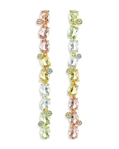 SWAROVSKI GEMA MIXED CUT MULTICOLOR CRYSTAL ASYMMETRICAL LINEAR DROP EARRINGS