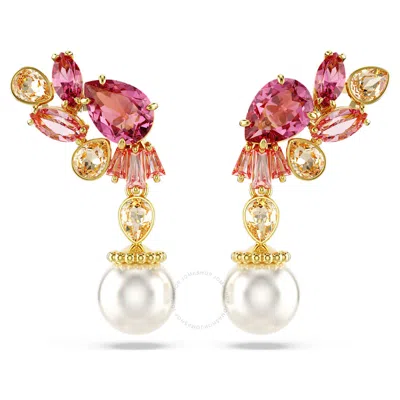 Swarovski Gema Pierced Earrings Drop Pearl Gold Shiny Pink In Silver Tone