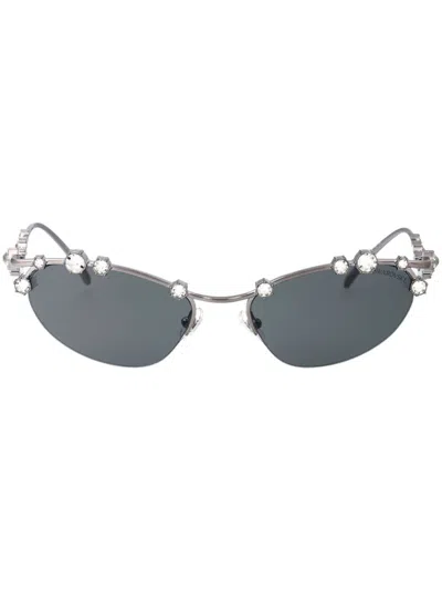 Swarovski Embellished Oval Frame Sunglasses In 400987 Gunmetal
