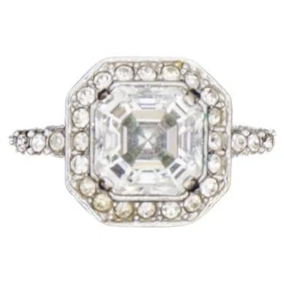 Pre-owned Swarovski Halo Clear Crystals Shoulder Octagon Cube Ring White Rhodium Size L 52