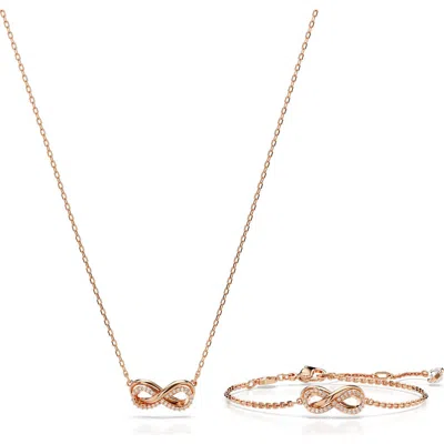 Swarovski Hyperbola Infinity Pendant Necklace & Bracelet Set In Rose Gold/white Stone
