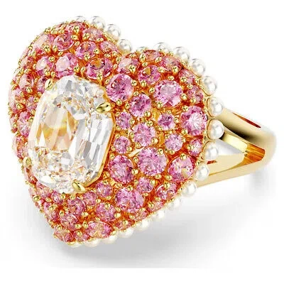 Pre-owned Swarovski Idyllia Cocktail Ring, Crystal Pearls, Heart Pink 5690058 Size 50-55