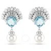 Swarovski Idyllia E Pierced Earrings Drop Pearl Rhodium Shiny Aquamarine In Blue