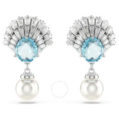 Swarovski Idyllia E Pierced Earrings Drop Pearl Rhodium Shiny Aquamarine In Blue