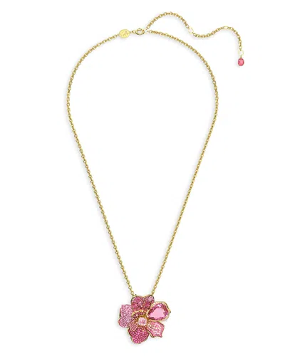 Swarovski Idyllia Pink Crystal Flower Convertible Pin & Pendant Necklace In Gold Tone, 21.66