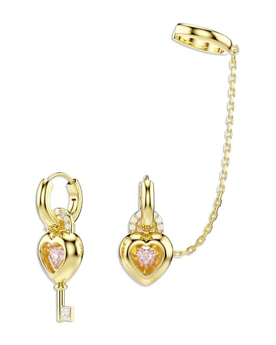 Swarovski Idyllia Stone Heart Lock & Key Mismatch Hoop With Cuff Earrings In Gold