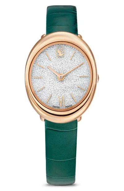 Swarovski Imber Oval Leather Strap Watch, 24mm X 26.3mm In Green