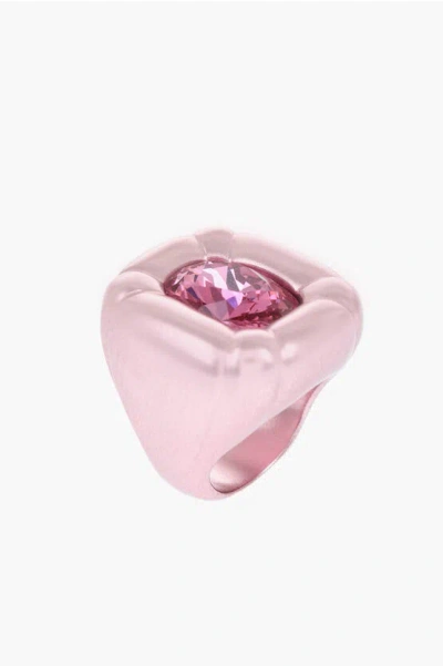 Swarovski Iridescent Metal Dulcis Cocktail Ring With Cushion Cut Cryst In Pink