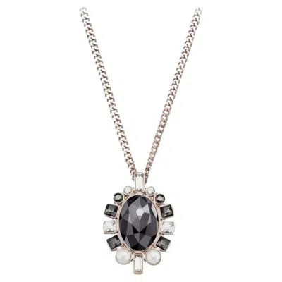 Pre-owned Swarovski Large Black White Oval Crystals Pearls Pendant Rose Gold Tone Necklace