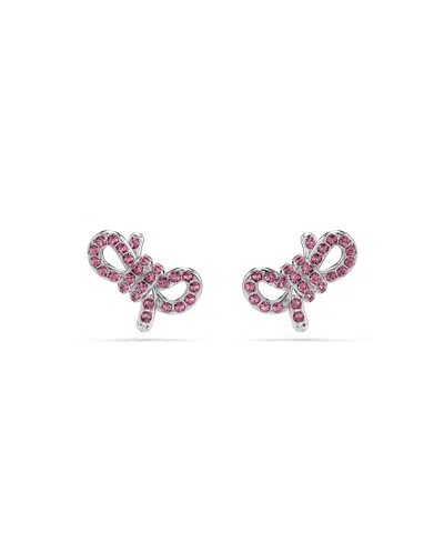 Swarovski Lifelong Bow Rhodium Plated Stud Earrings In Pink